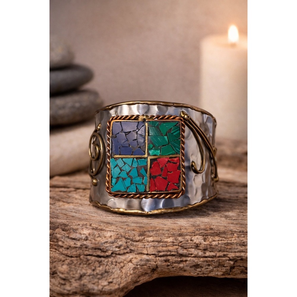 Vintage Mosaic Stone Cuff Bracelet Hammered Silver Brass Southwestern Boho